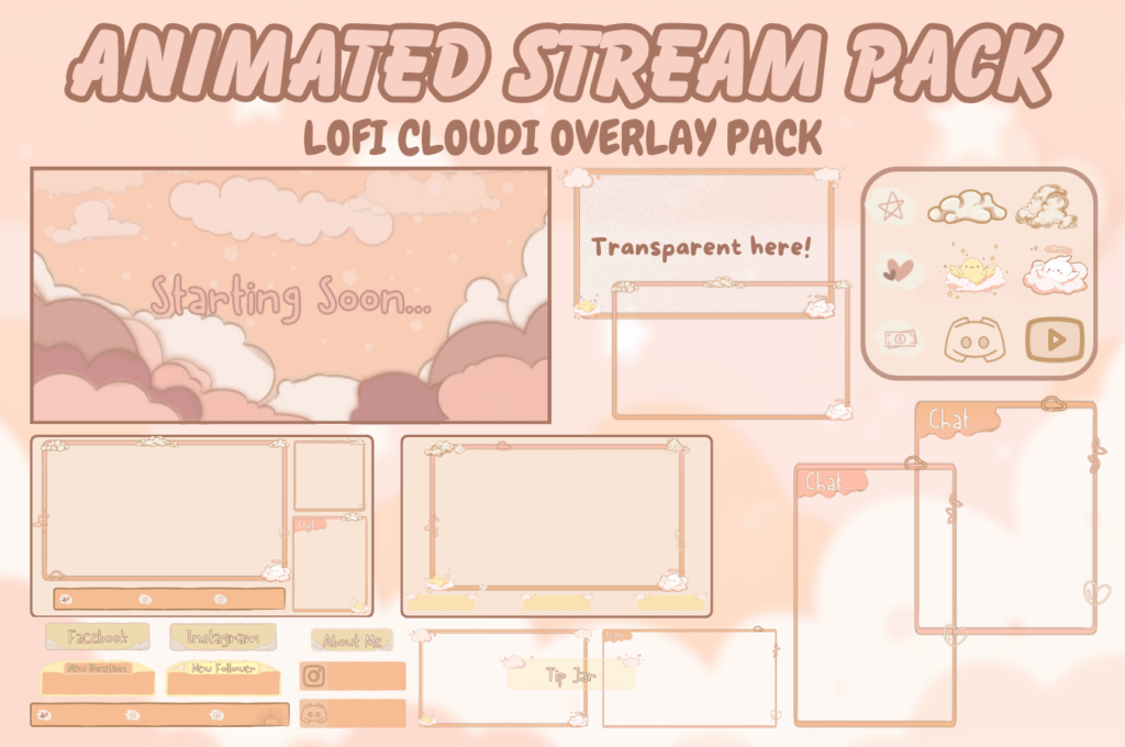 Lofi cloudy Twitch Overlay, stream package lofi twitch overlay