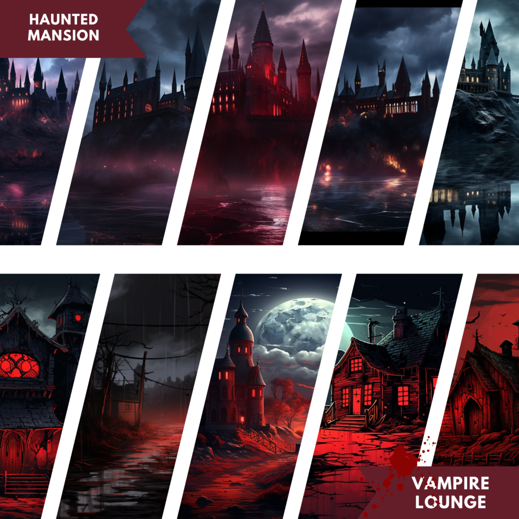 Haunted and vampire-themed mansion illustrations in dark colors