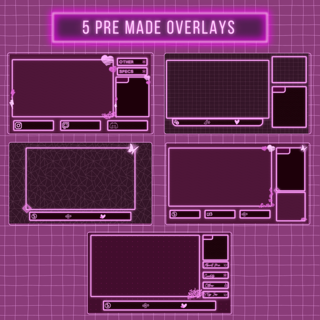 Five neon-themed streaming overlays on a grid background