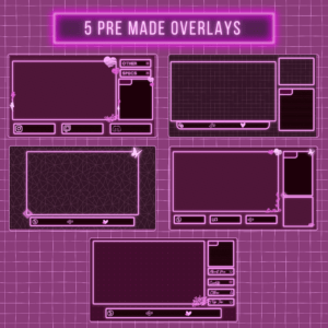 Five neon-themed streaming overlays on a grid background
