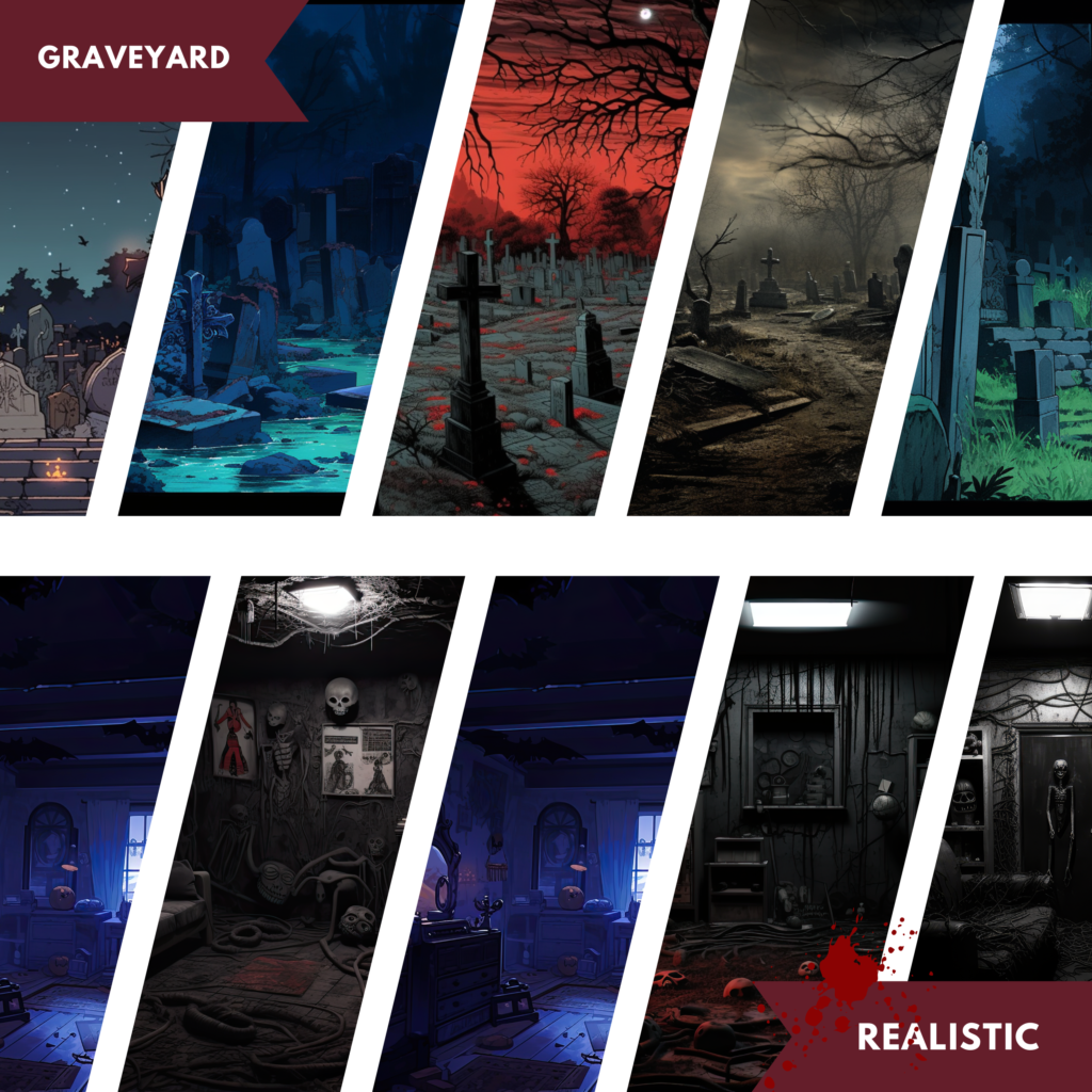 Graveyard and interior scenes with atmospheric lighting