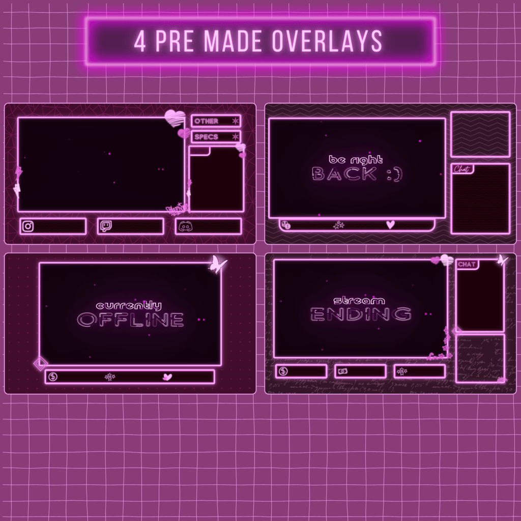 Four pink neon-themed streaming overlays on a grid background