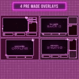 Four pink neon-themed streaming overlays on a grid background
