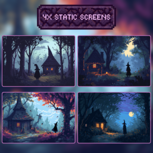 Pixel art scenes of a witch near cottages