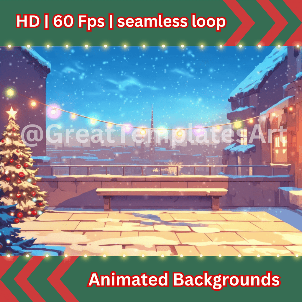 Snowy rooftop with Christmas tree and lights