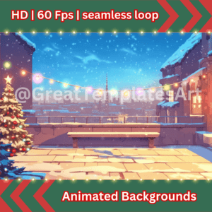 Snowy rooftop with Christmas tree and lights
