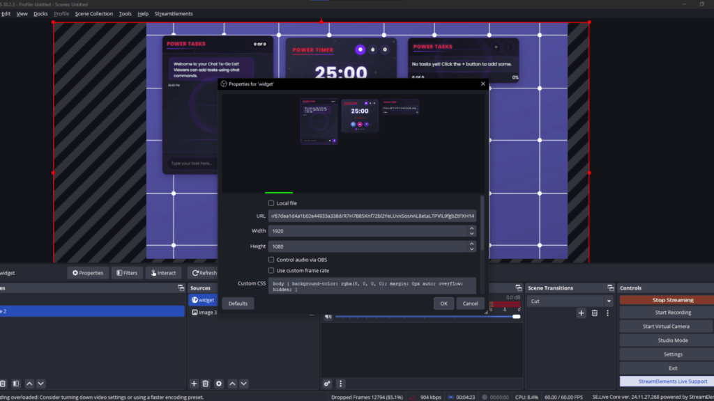 OBS Studio interface with streaming widget settings