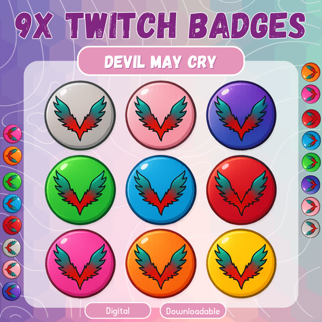 Nine colorful Twitch badges with winged designs