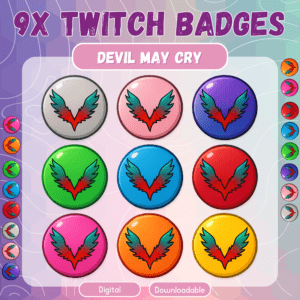 Nine colorful Twitch badges with winged designs