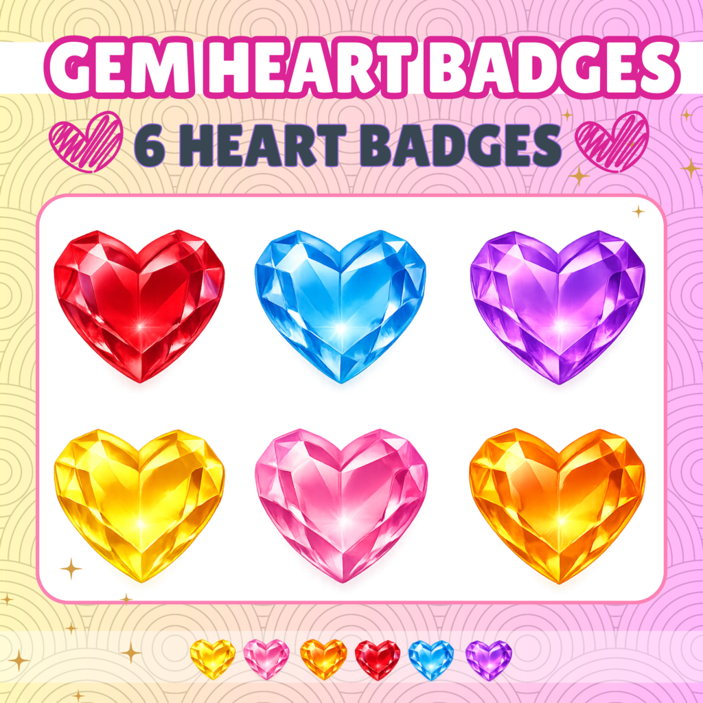 Six colorful heart-shaped gem badges displayed