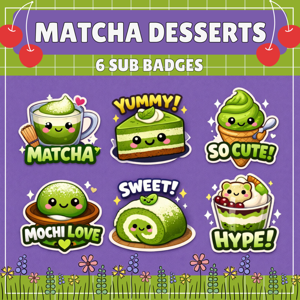Cute matcha-themed dessert characters with expressive faces