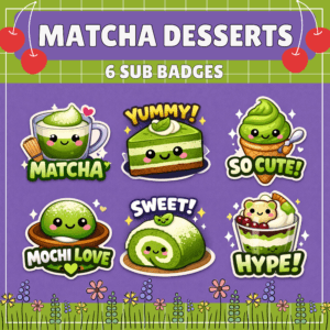 Cute matcha-themed dessert characters with expressive faces