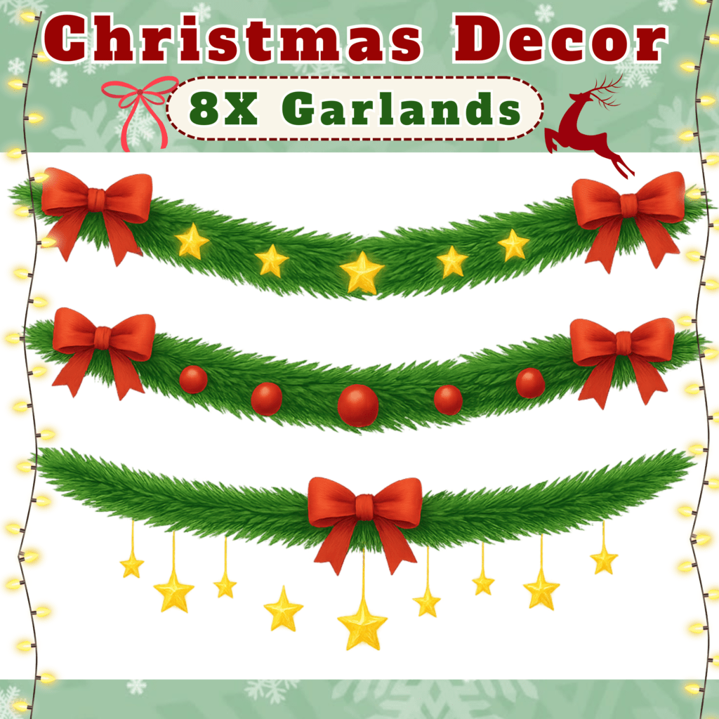 Christmas garlands with red bows and gold stars