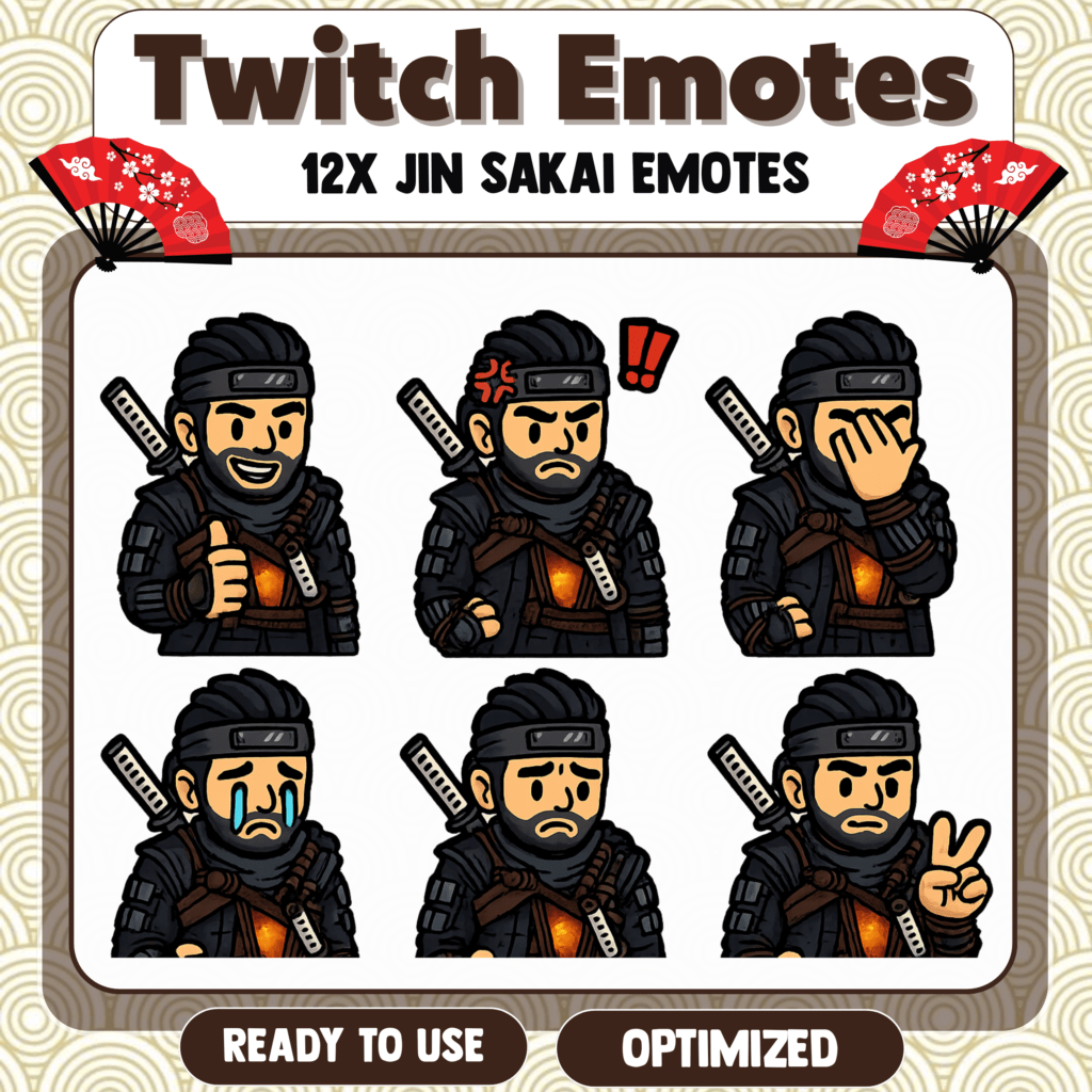 Twelve expressive samurai character emotes for Twitch