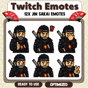 Twelve expressive samurai character emotes for Twitch