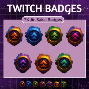 Seven colorful Twitch badges with arrow designs