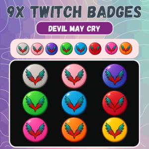 Nine colorful Twitch badges with winged heart design