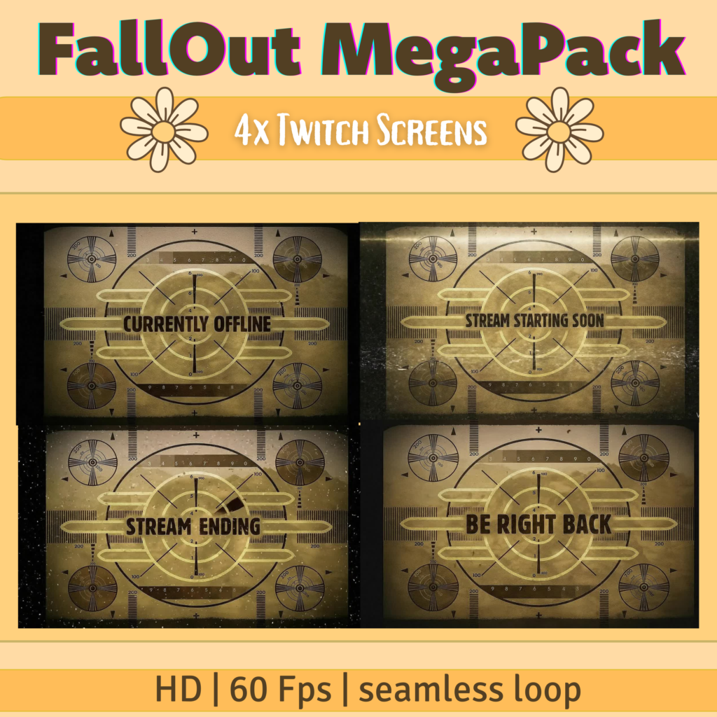 Fallout-themed Twitch screens for various streaming statuses