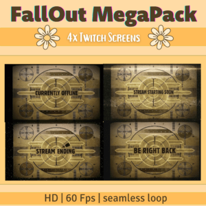 Fallout-themed Twitch screens for various streaming statuses