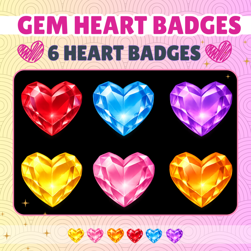 Colorful gem heart badges on a decorative background
