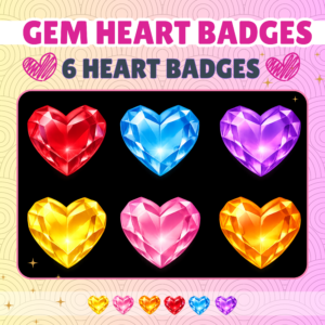 Colorful gem heart badges on a decorative background