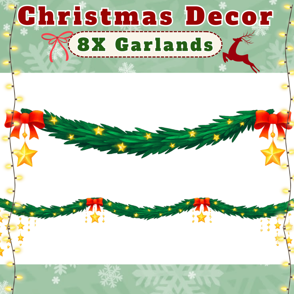 Christmas garlands with lights and red bows