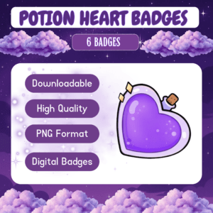 Purple heart-shaped potion badge with description