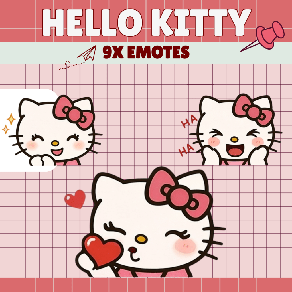 Hello Kitty emotes with varied expressions on grid background