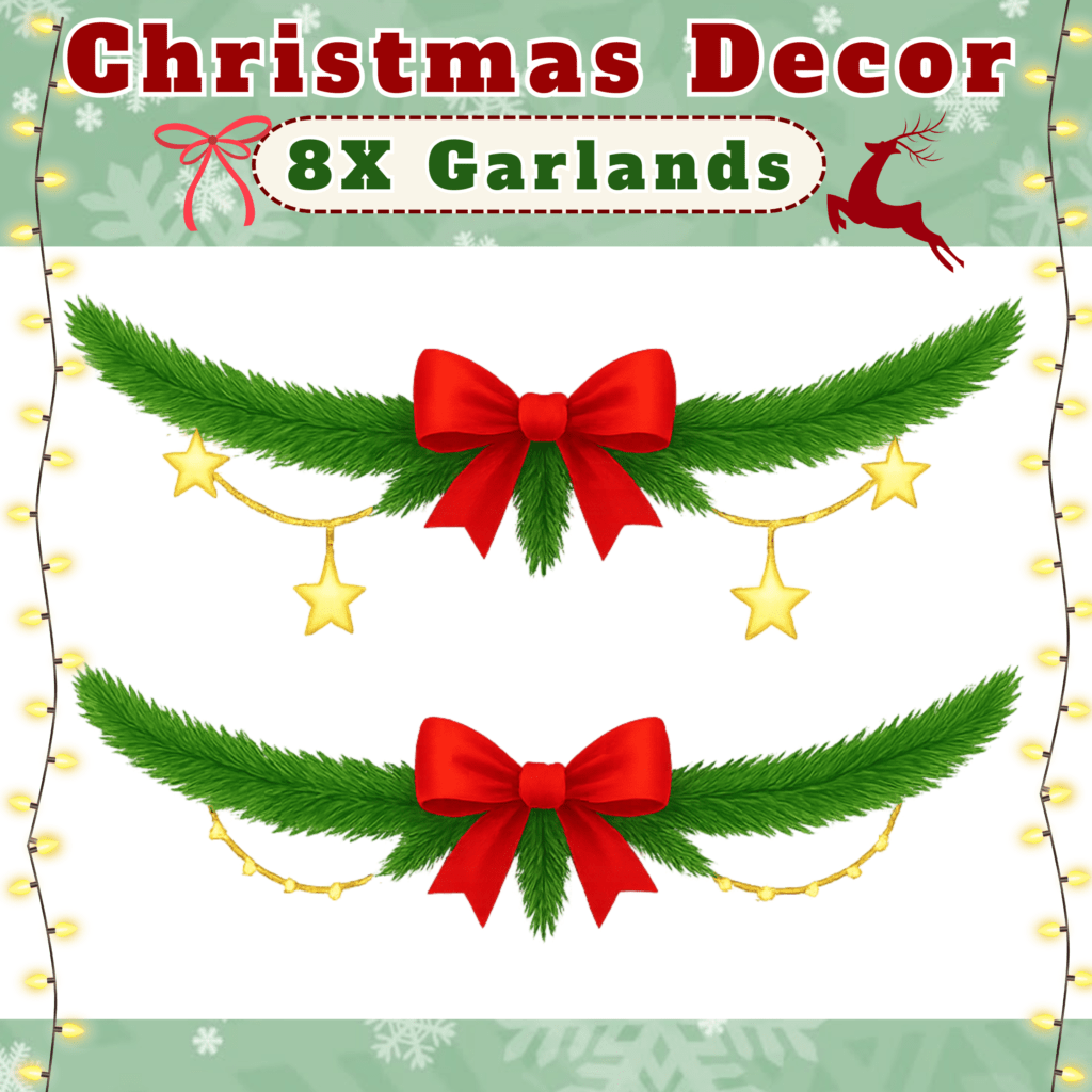 Christmas garlands with red bows and stars