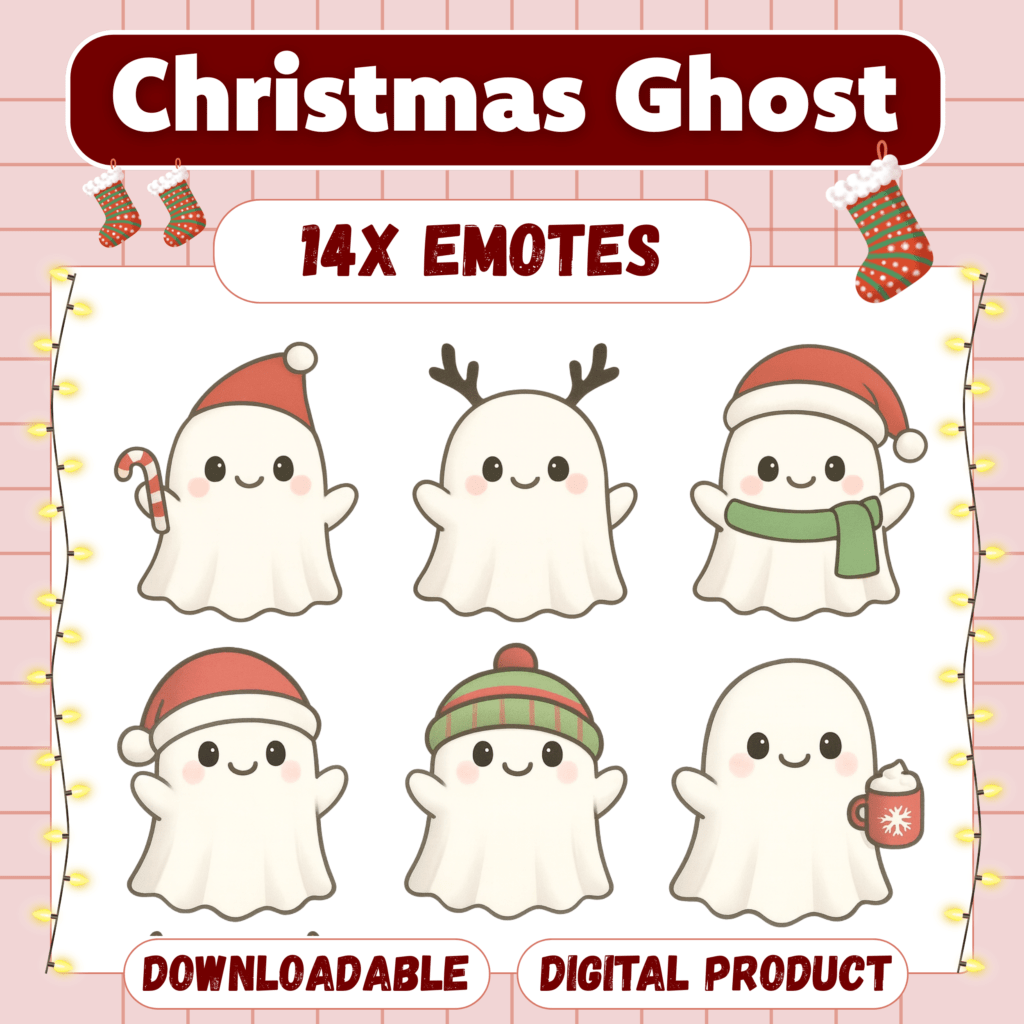 Cute Christmas-themed ghost emotes with festive accessories