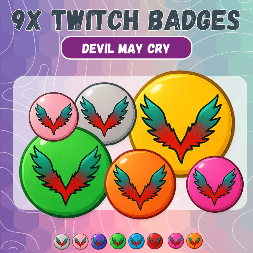 Colorful Twitch badges featuring winged heart design