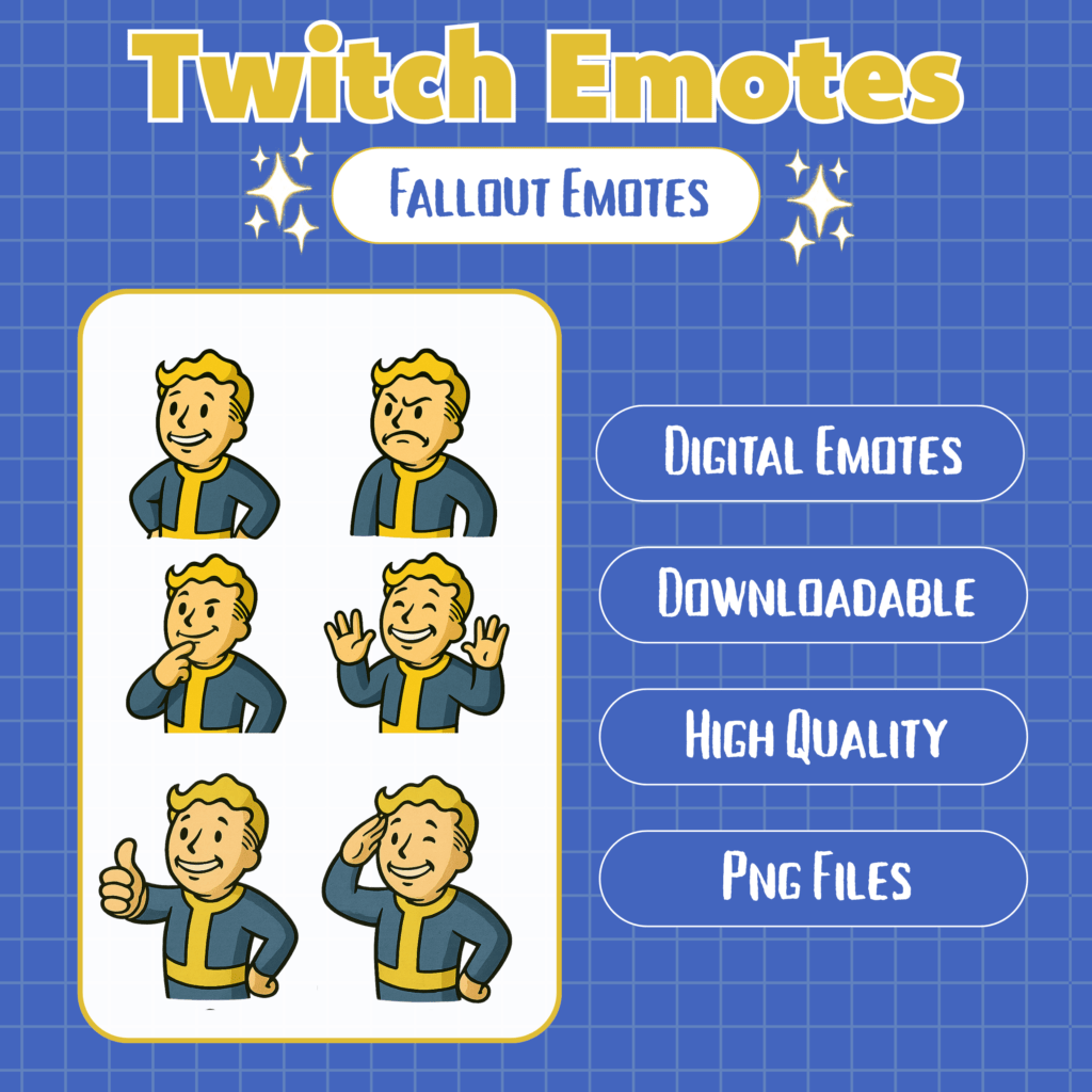 Twitch Fallout emotes collection with various Vault Boy poses