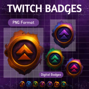Twitch badges in various digital designs and colors