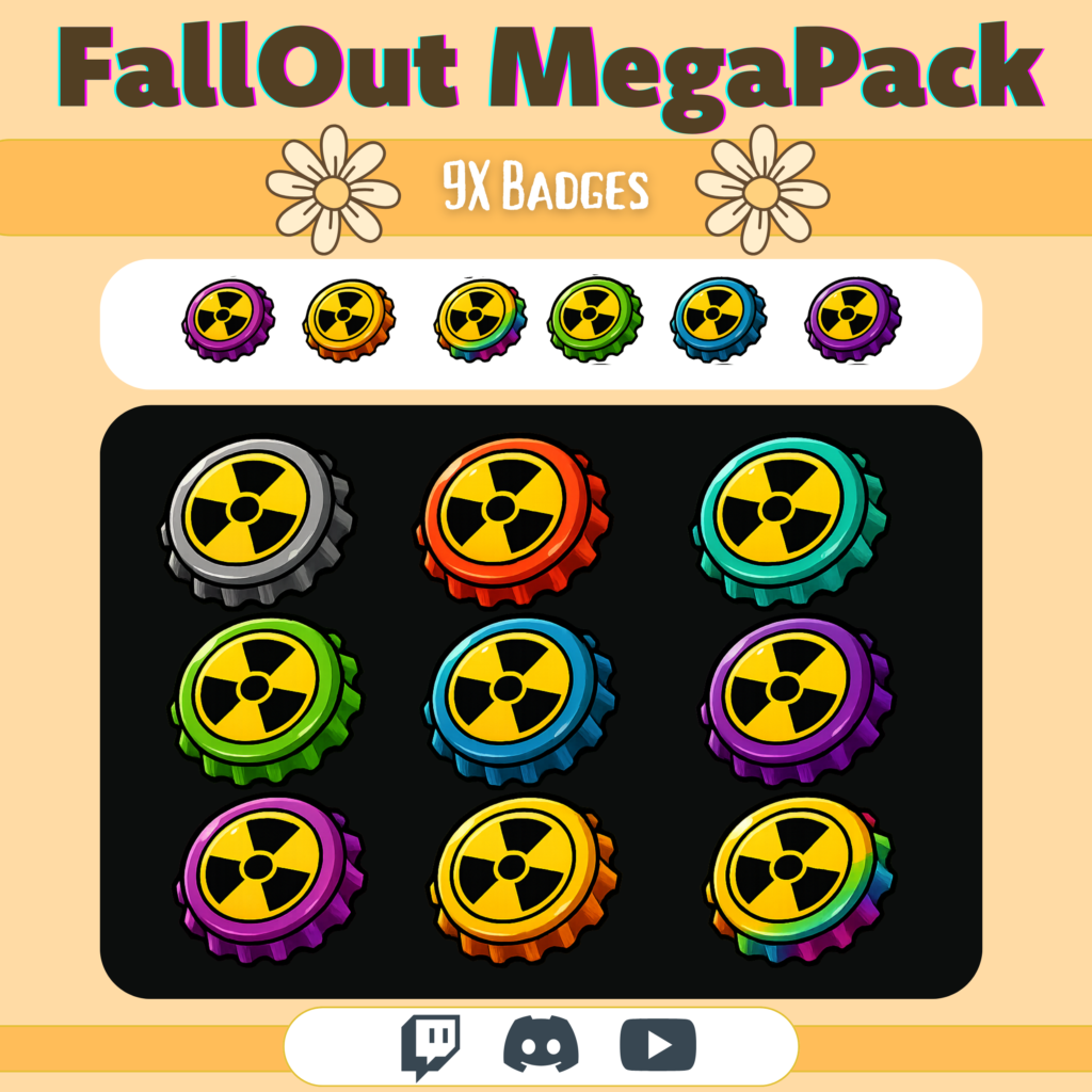 Nine colorful gear badges with radiation symbols