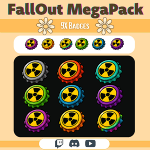 Nine colorful gear badges with radiation symbols