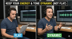 Person recording audio with flat and dynamic expressions