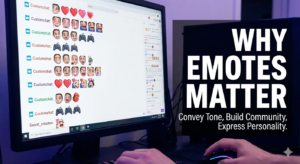 Computer screen displaying colorful emotes in a chat