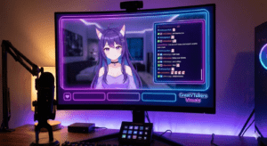 Anime girl streaming on a neon-lit computer monitor