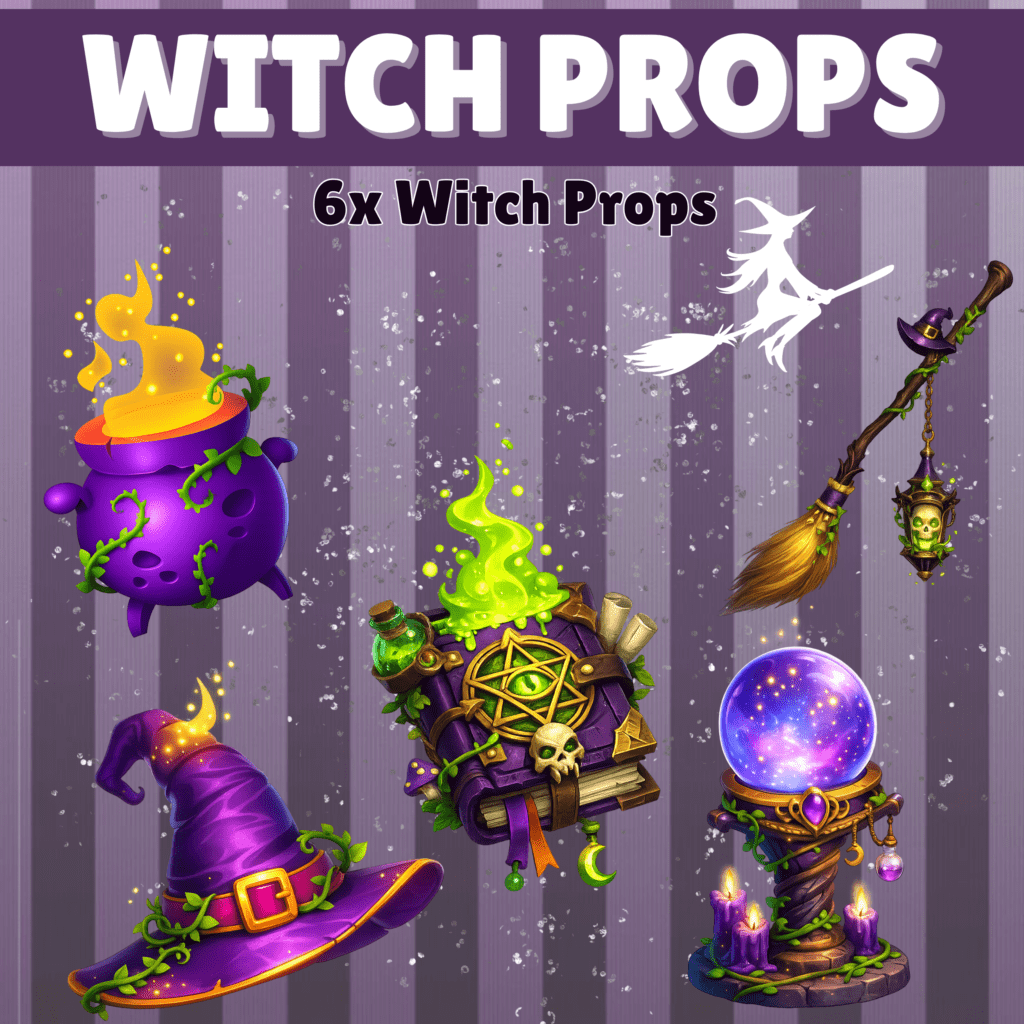 Witch props including cauldron, book, broom, and crystal ball