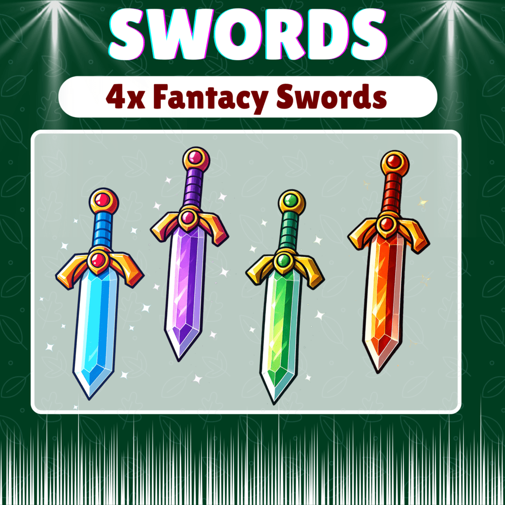 Four colorful gem-encrusted fantasy swords displayed vertically