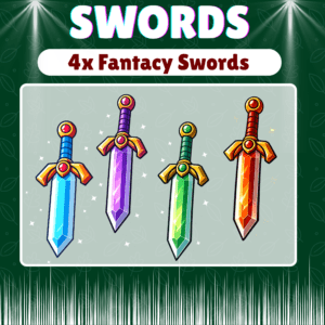Four colorful gem-encrusted fantasy swords displayed vertically