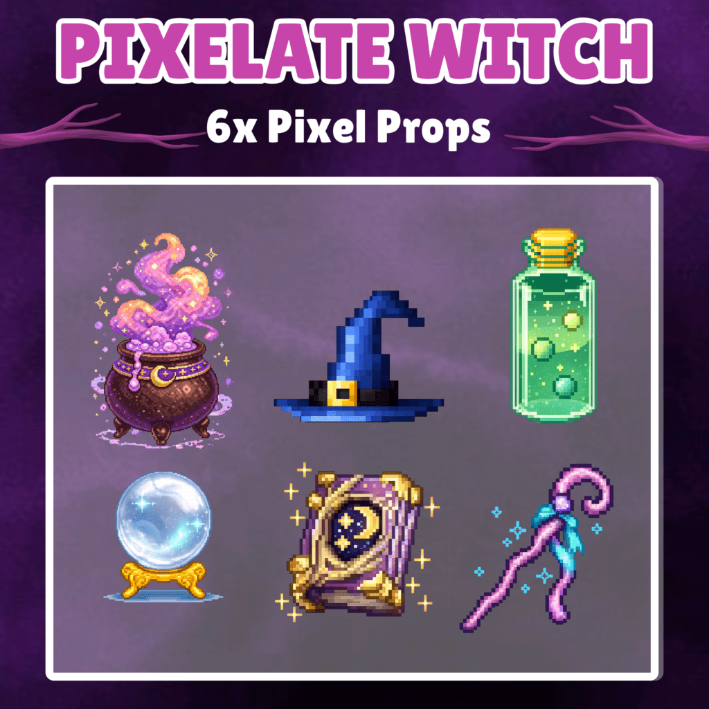 Pixel art witch props including hat and cauldron