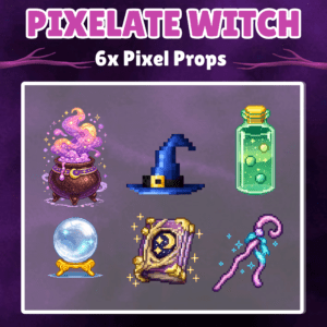 Pixel art witch props including hat and cauldron