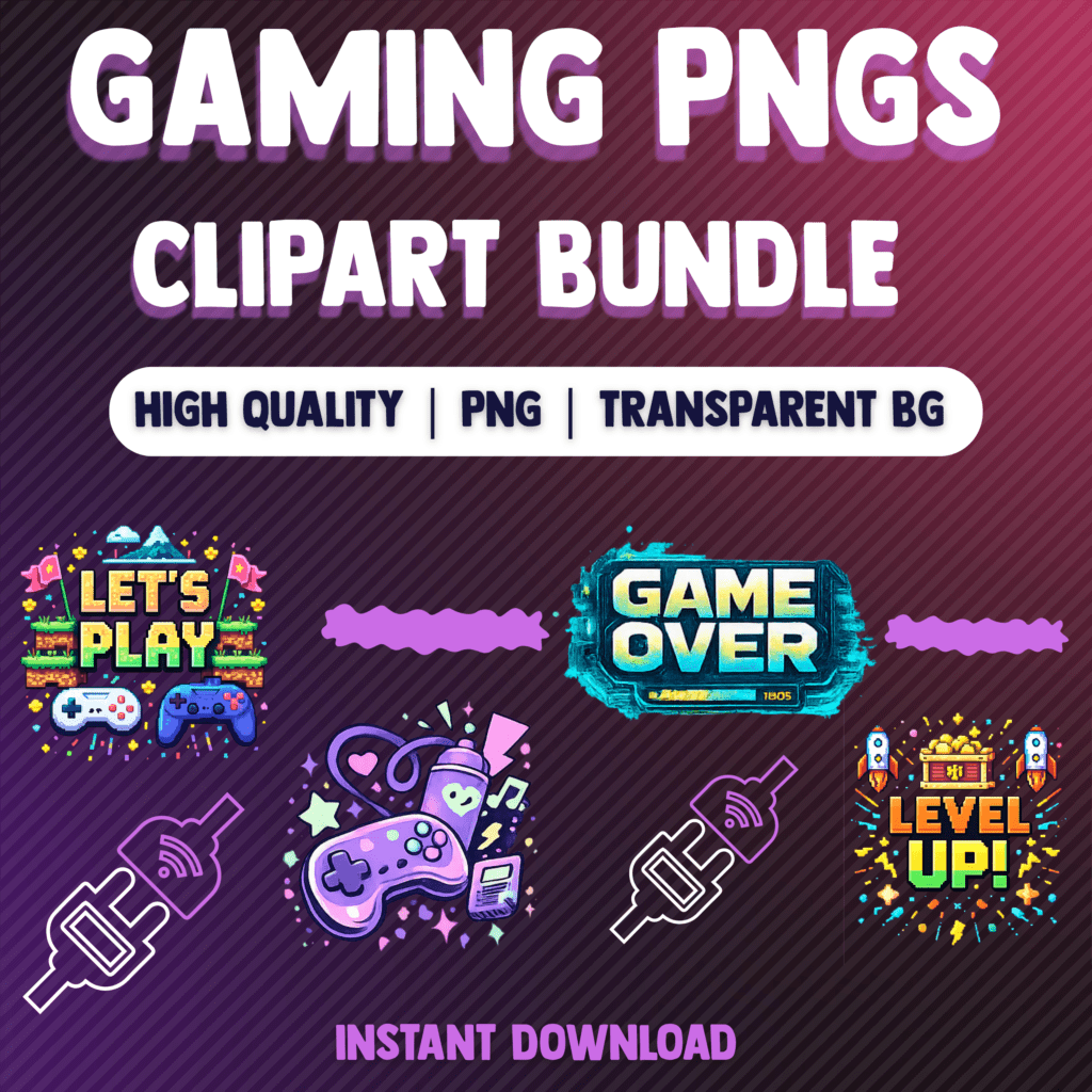 Gaming PNG clipart bundle with controllers and phrases