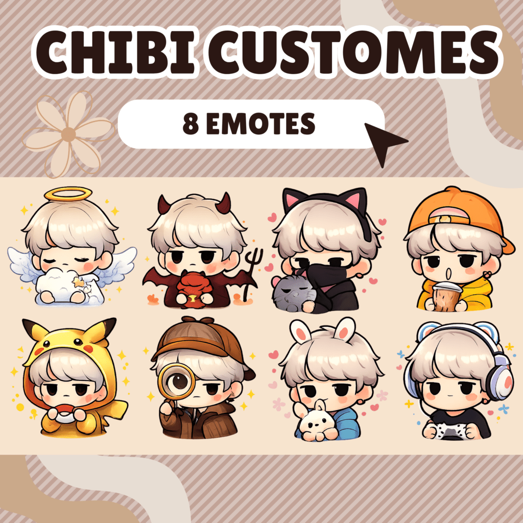 Chibi characters in various themed costumes, eight emotes