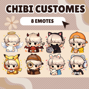 Chibi characters in various themed costumes, eight emotes