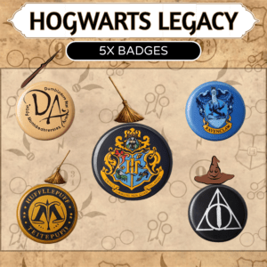 Five badges from the Hogwarts Legacy series