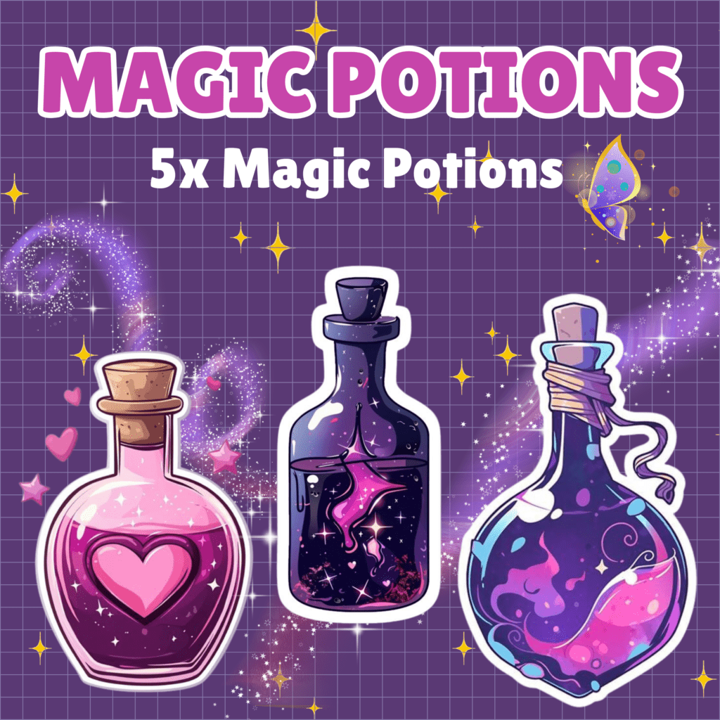 Magic potions in decorative bottles with sparkles