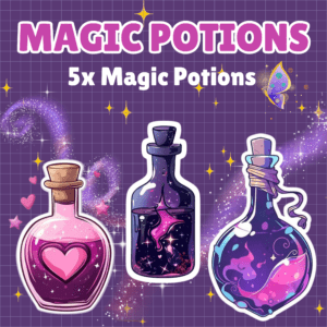 Magic potions in decorative bottles with sparkles