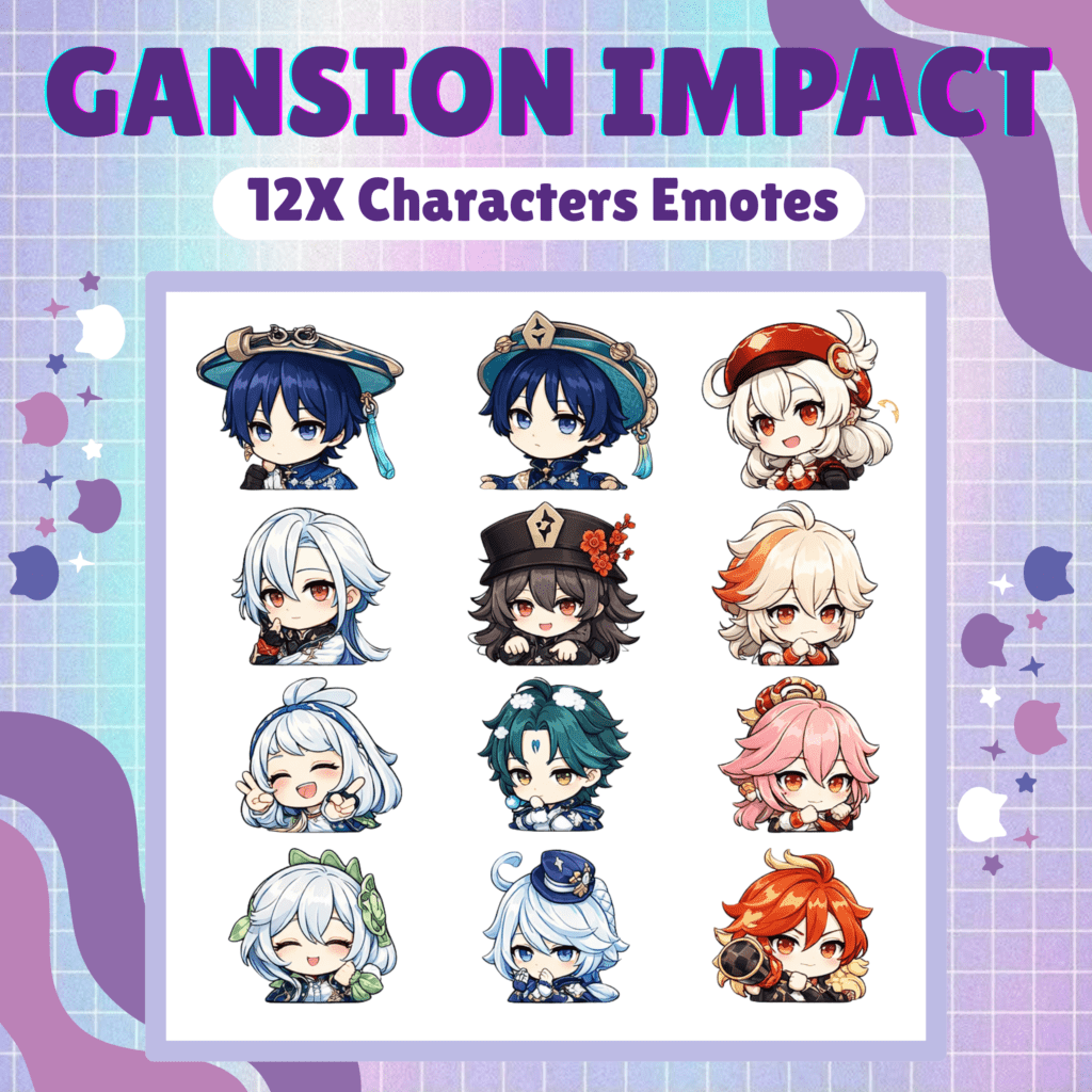 Cartoon emotes of twelve different characters with accessories
